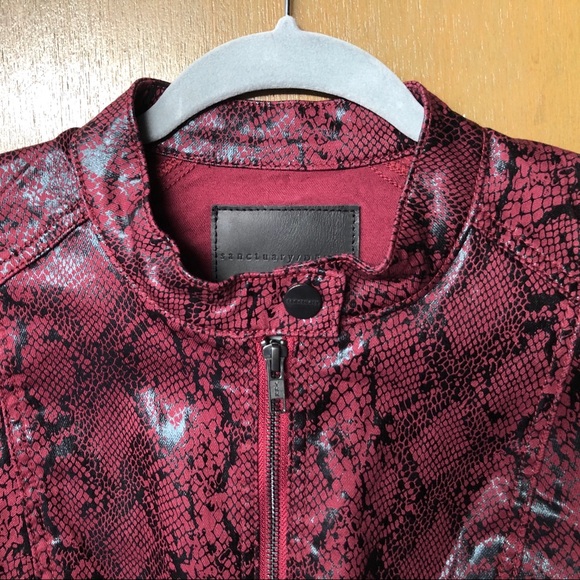 Anthropologie sanctuary Crimson Snakeskin Moto Jacket Sz Medium Gunmetal Zippers - Picture 7 of 16